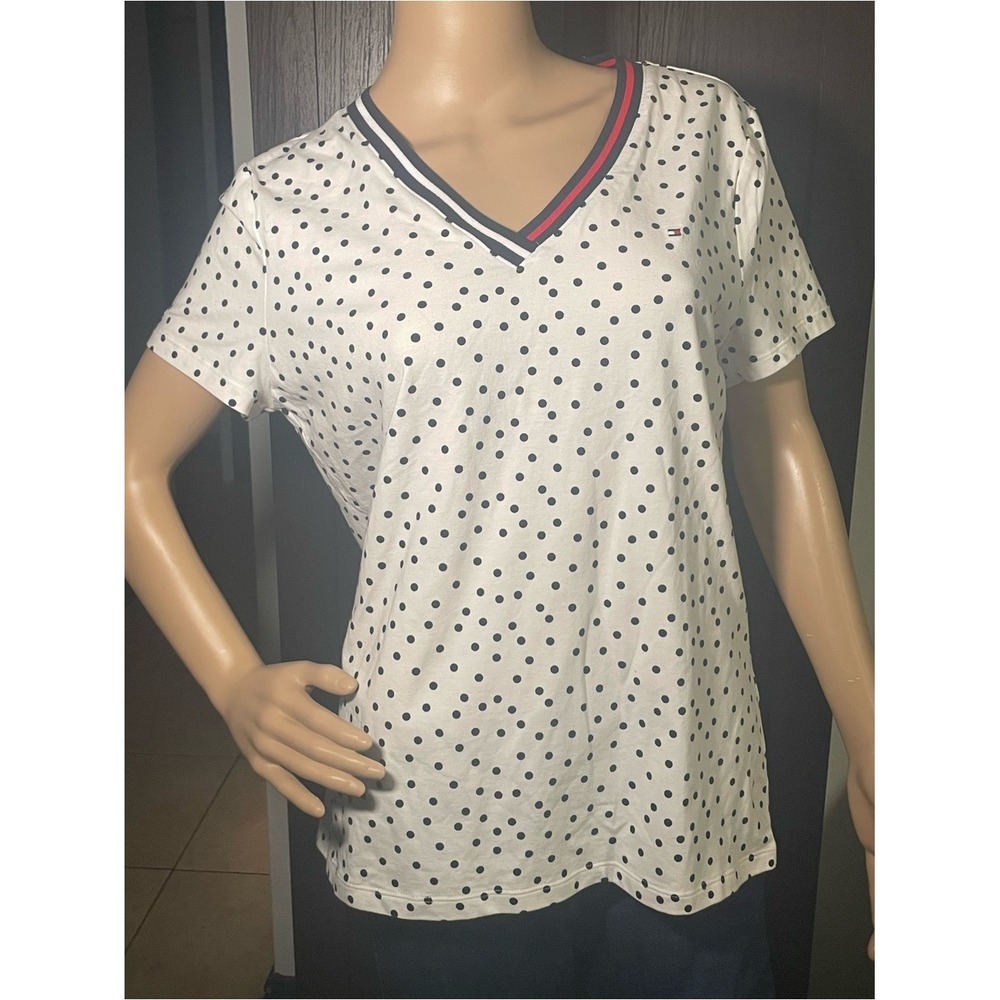 Tommy Hilfiger White Polka Dot V-Neck Tee Vintage  Y2K NWT